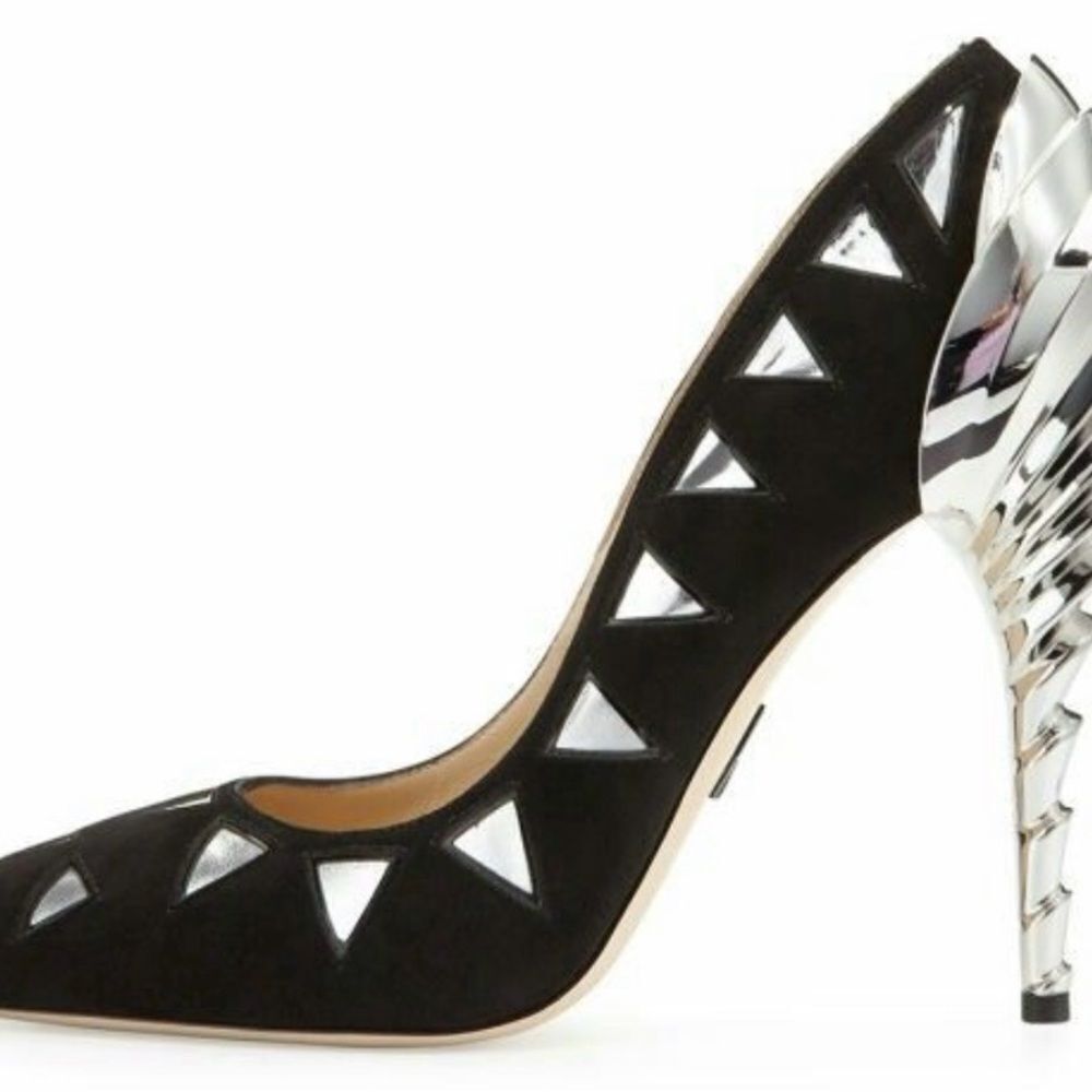 Paul Andrew Chrysler building heels chrome shell layered shoes triangle pumps